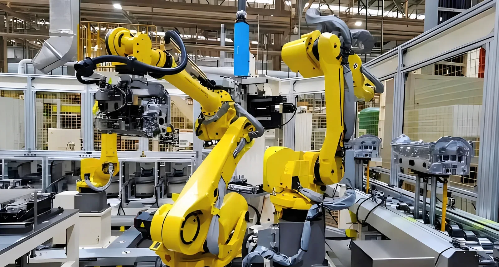 Multiple industrial robots on an automated component handling line