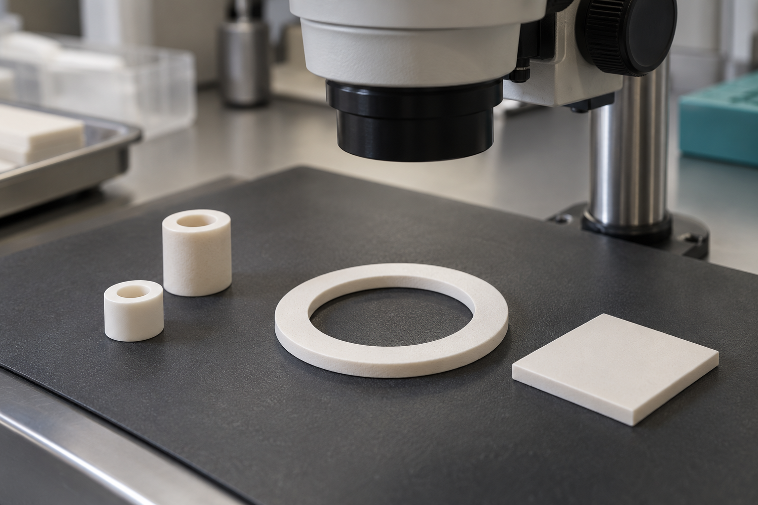 Ceramic parts beside an optical microscope