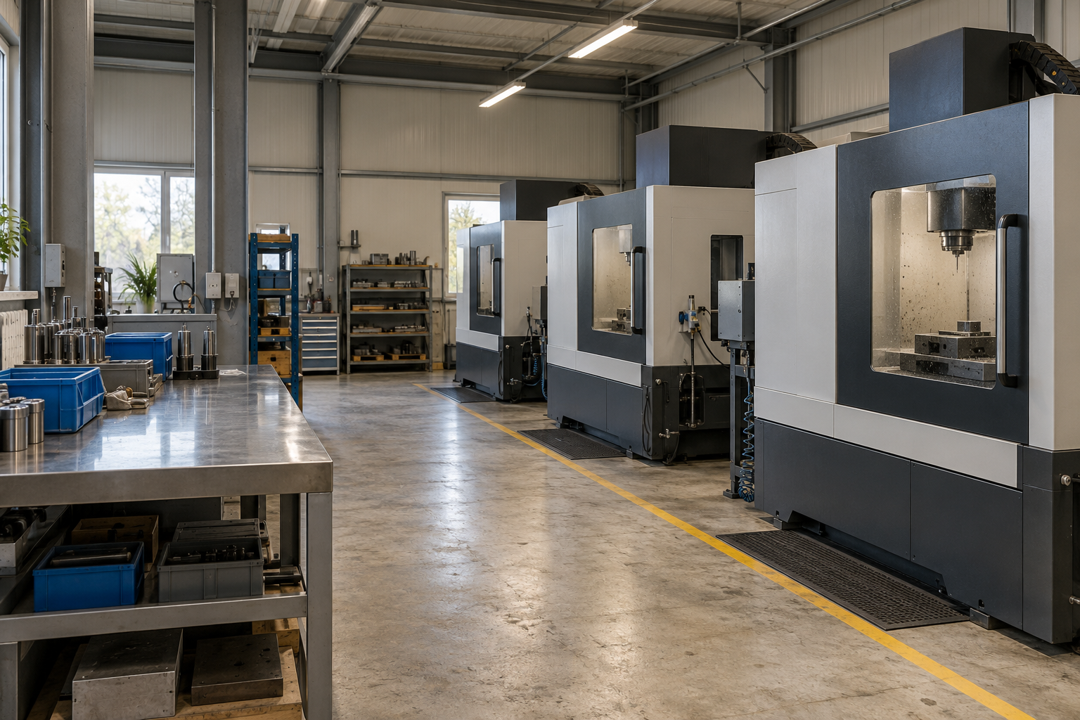 Industrial workshop with enclosed machine tools and workstations