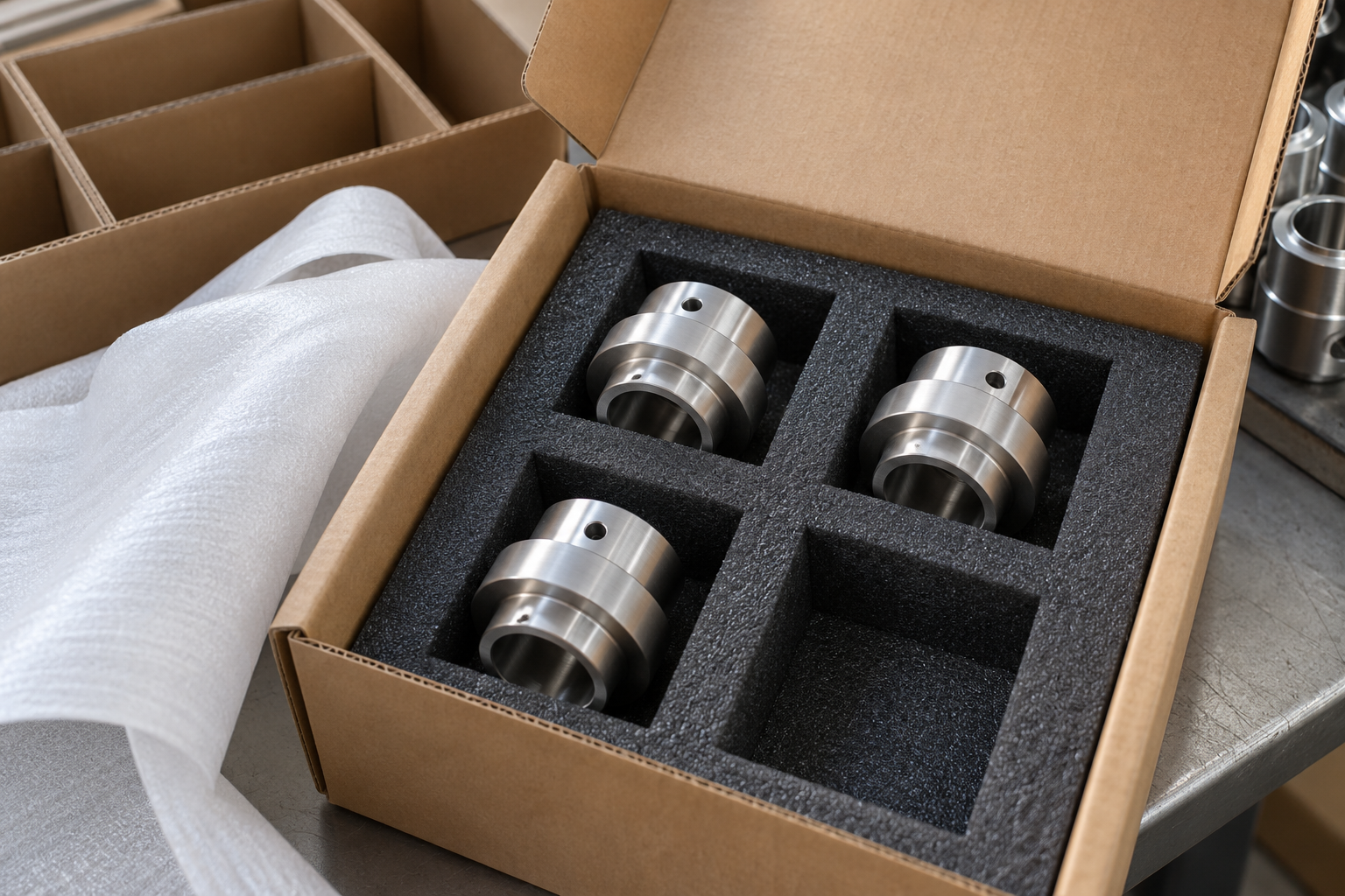 Precision components in a foam-lined carton