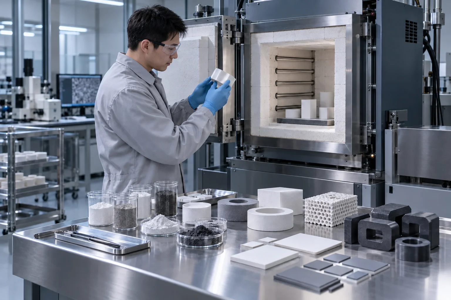 Chinese materials technician examining a ceramic sample beside a laboratory furnace, concept visual