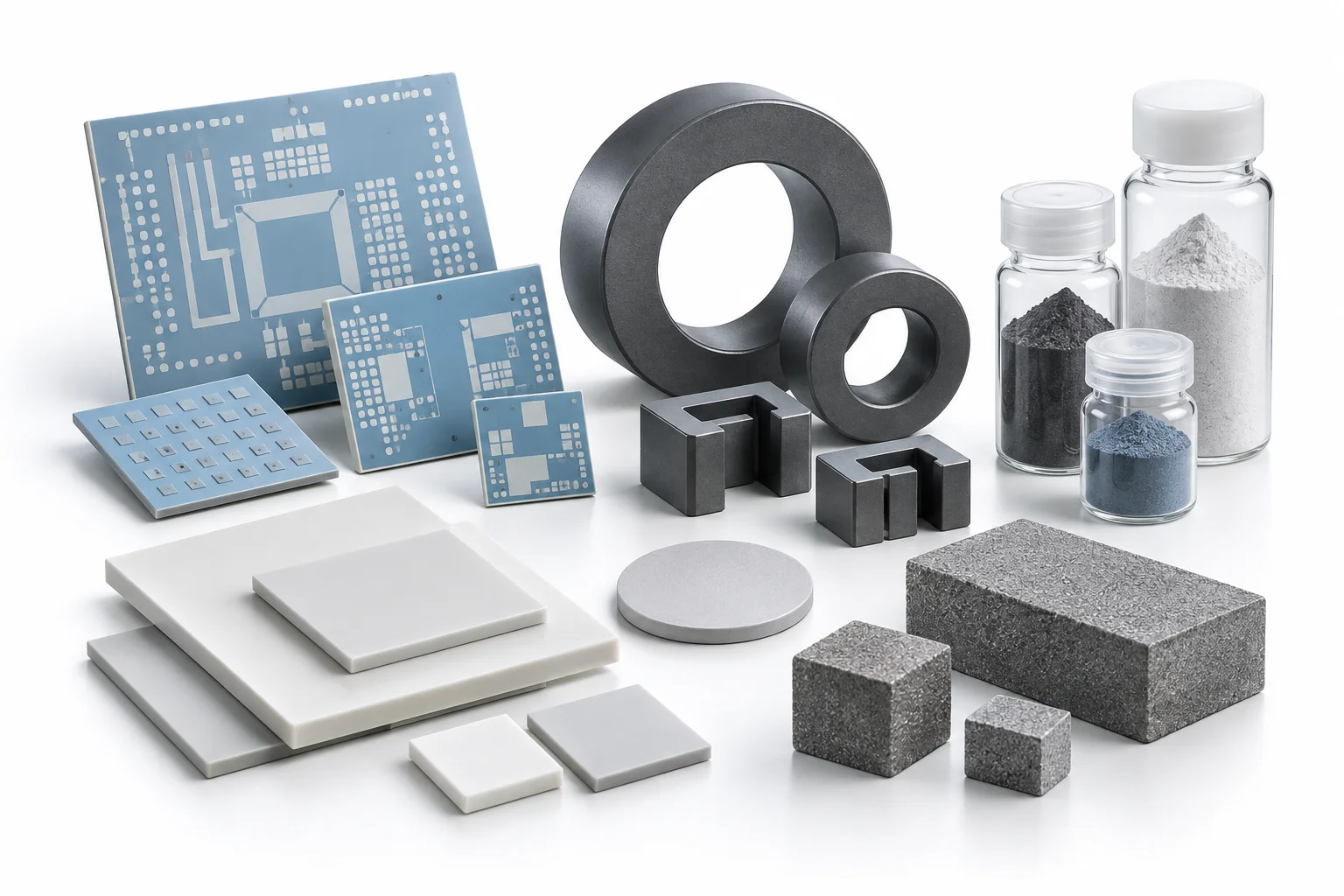 Ceramic parts, soft magnetic cores and powder delivery forms on white