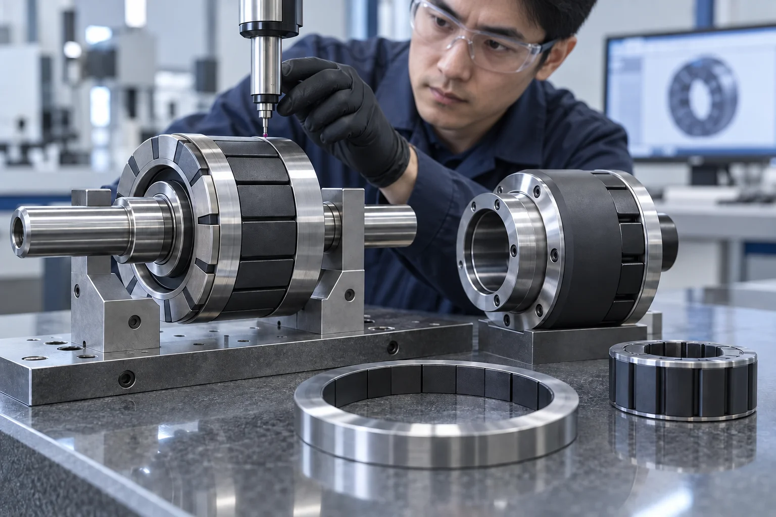 Chinese engineer measuring a magnetic rotor assembly, concept visual