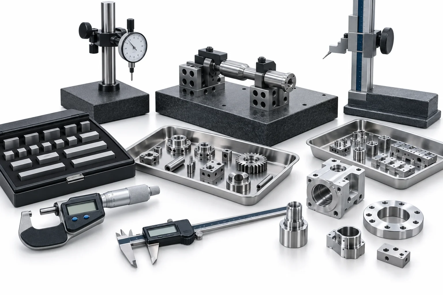 Illustrative fixtures, measuring tools and finished metal components