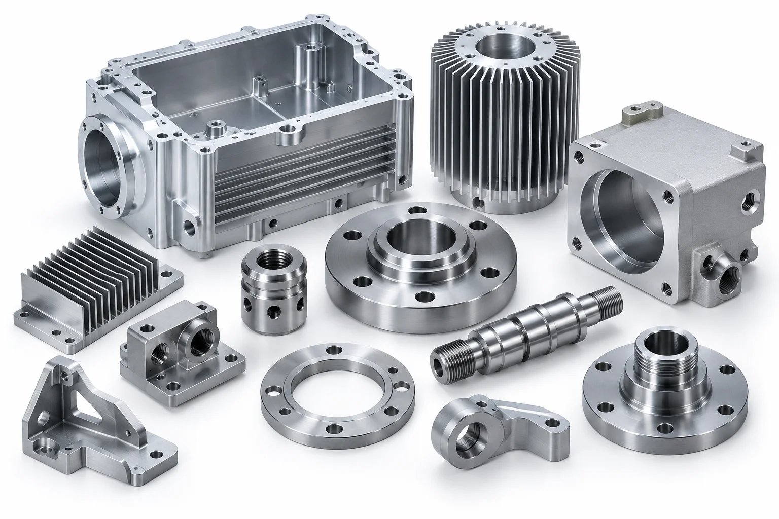 Precision metal housings, shafts, rings and machined parts on white