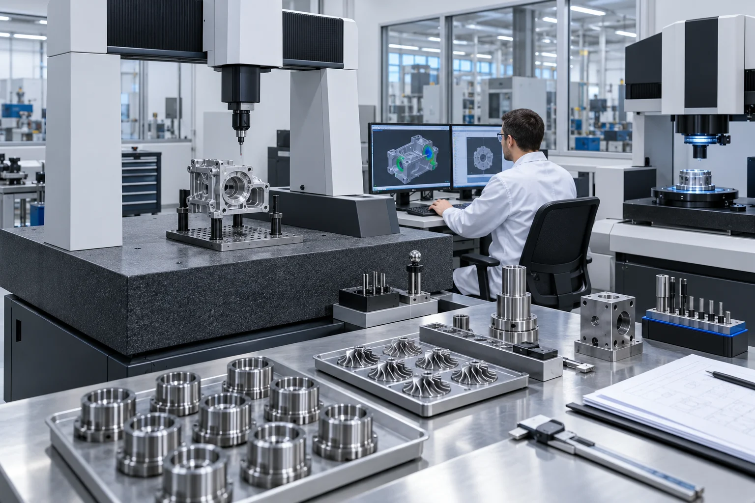 Illustrative dimensional inspection laboratory with metal components and measuring equipment