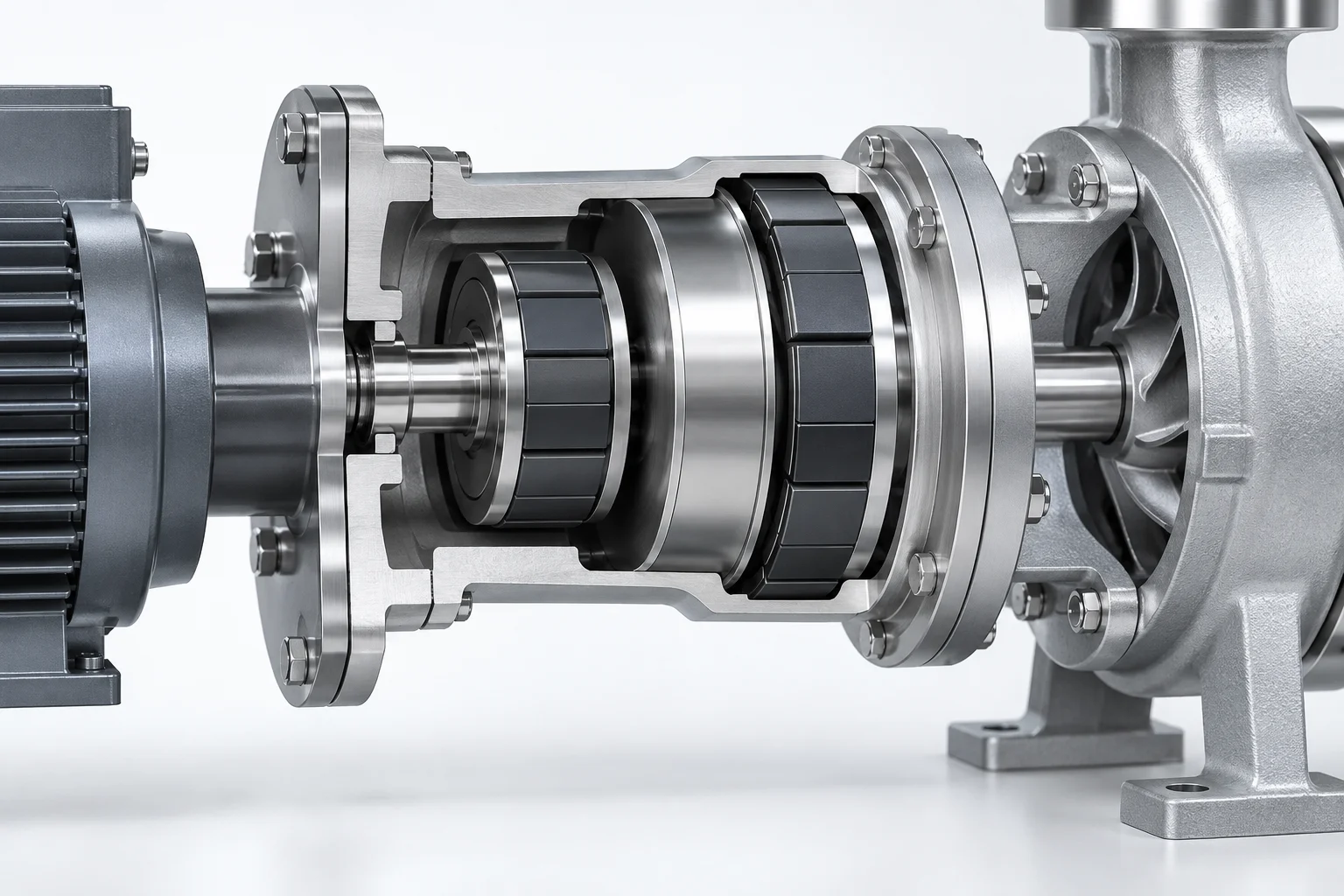 Illustrative cutaway of a magnetic coupling and pump interface