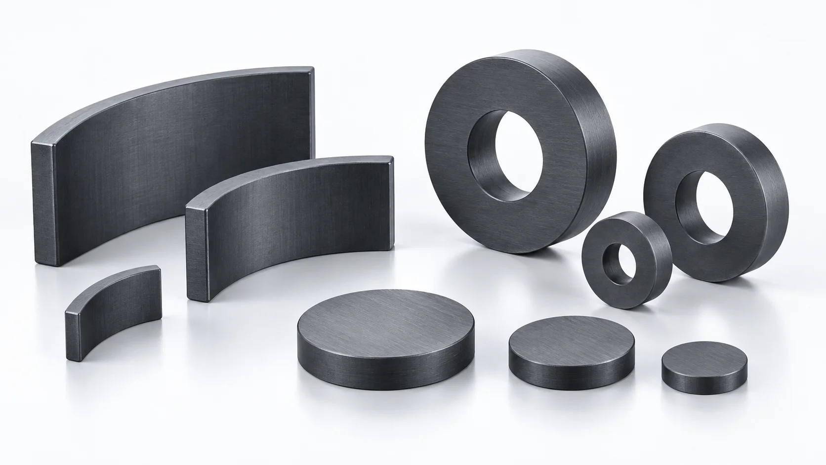 Ferrite arc segments, rings and discs on a neutral background