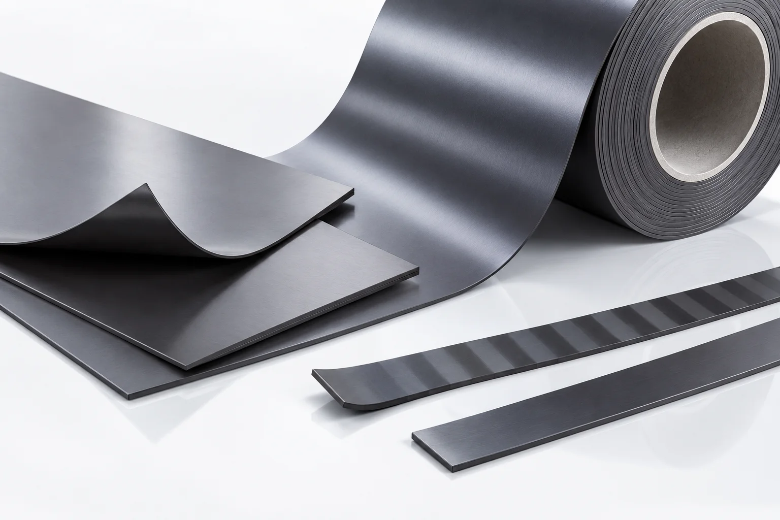 Flexible magnetic sheet, roll and strip product concept