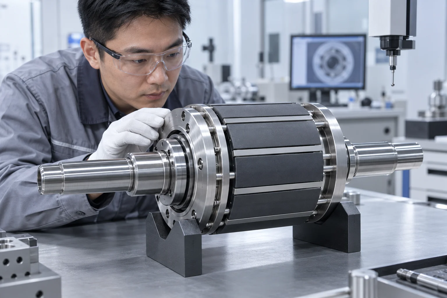 Illustrative engineer inspecting a magnetic rotor on a fixture