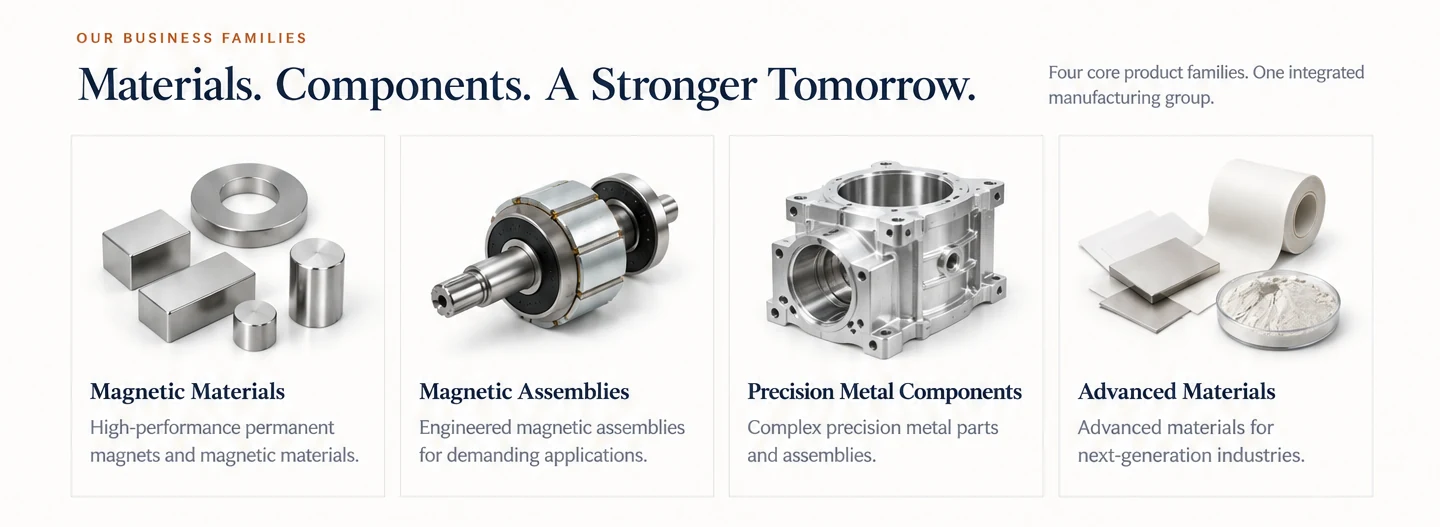 Magnetic Materials, Magnetic Assemblies, Precision Metal Components and Advanced Materials. Materials. Components. A Stronger Tomorrow.