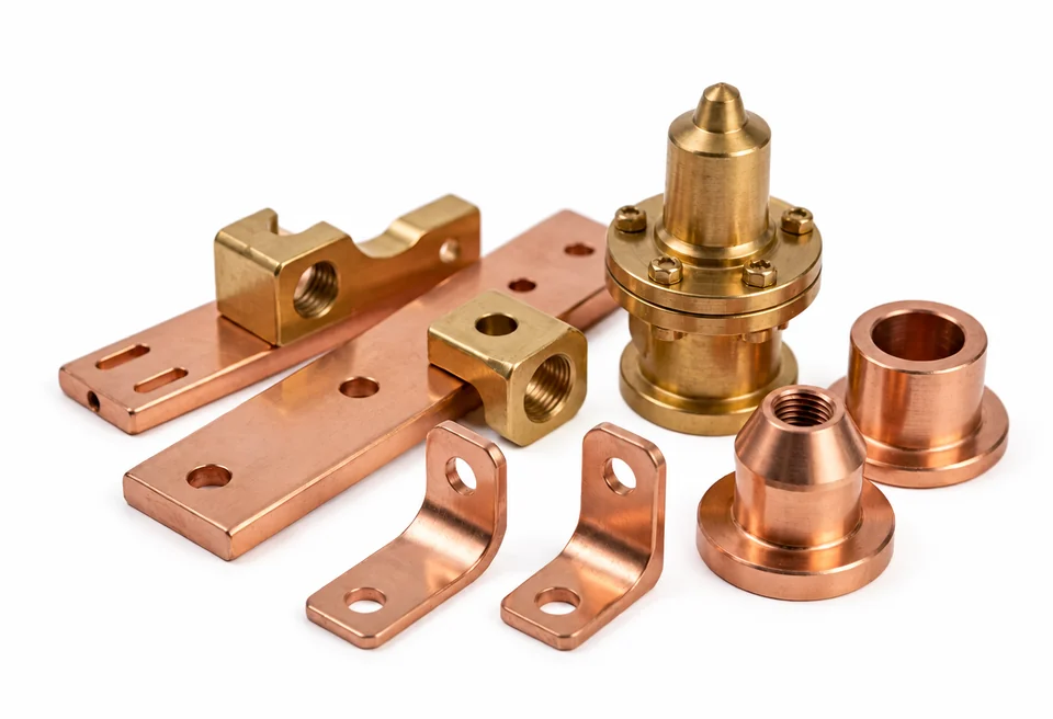Copper-colored brackets, blocks and turned components