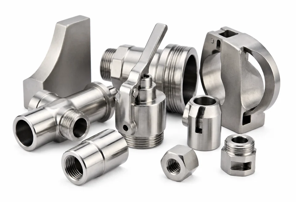 Silver-gray turned and milled component forms