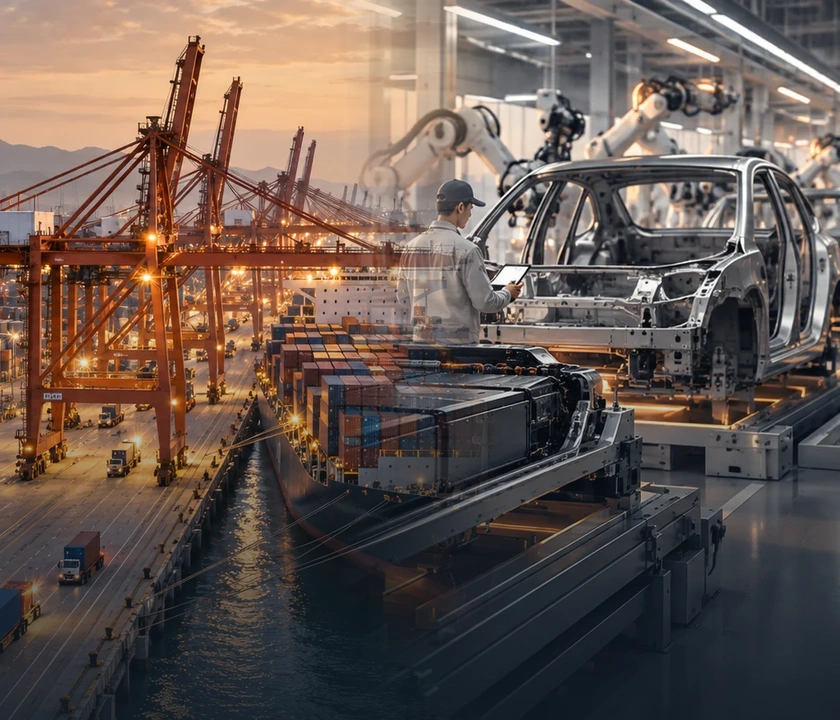 Ningbo Port and new-energy vehicle industry visual with overlaid message