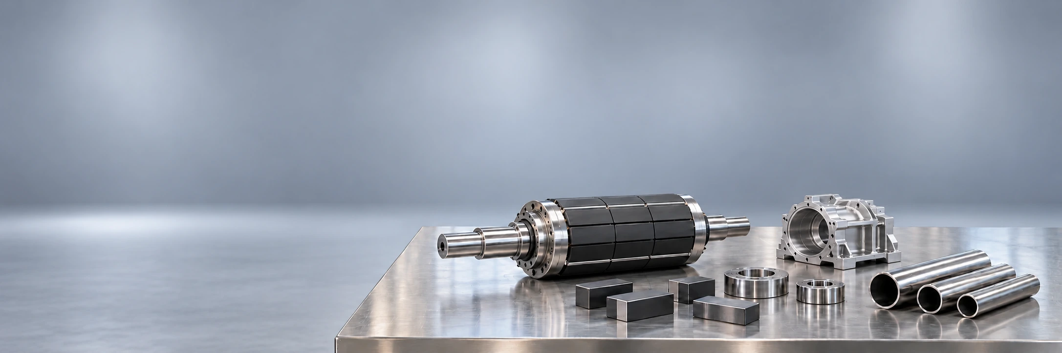 Magnetic rotor, magnet blocks, rings, metal housing and tubes in a product display