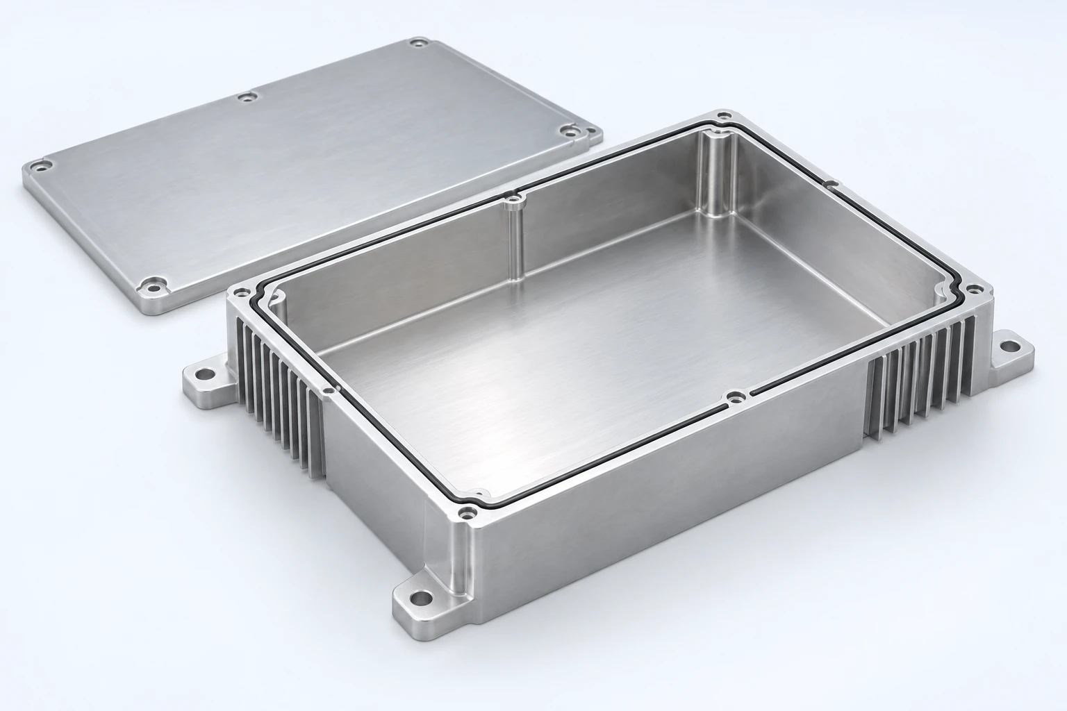 Rectangular electronics-housing form with mounting tabs