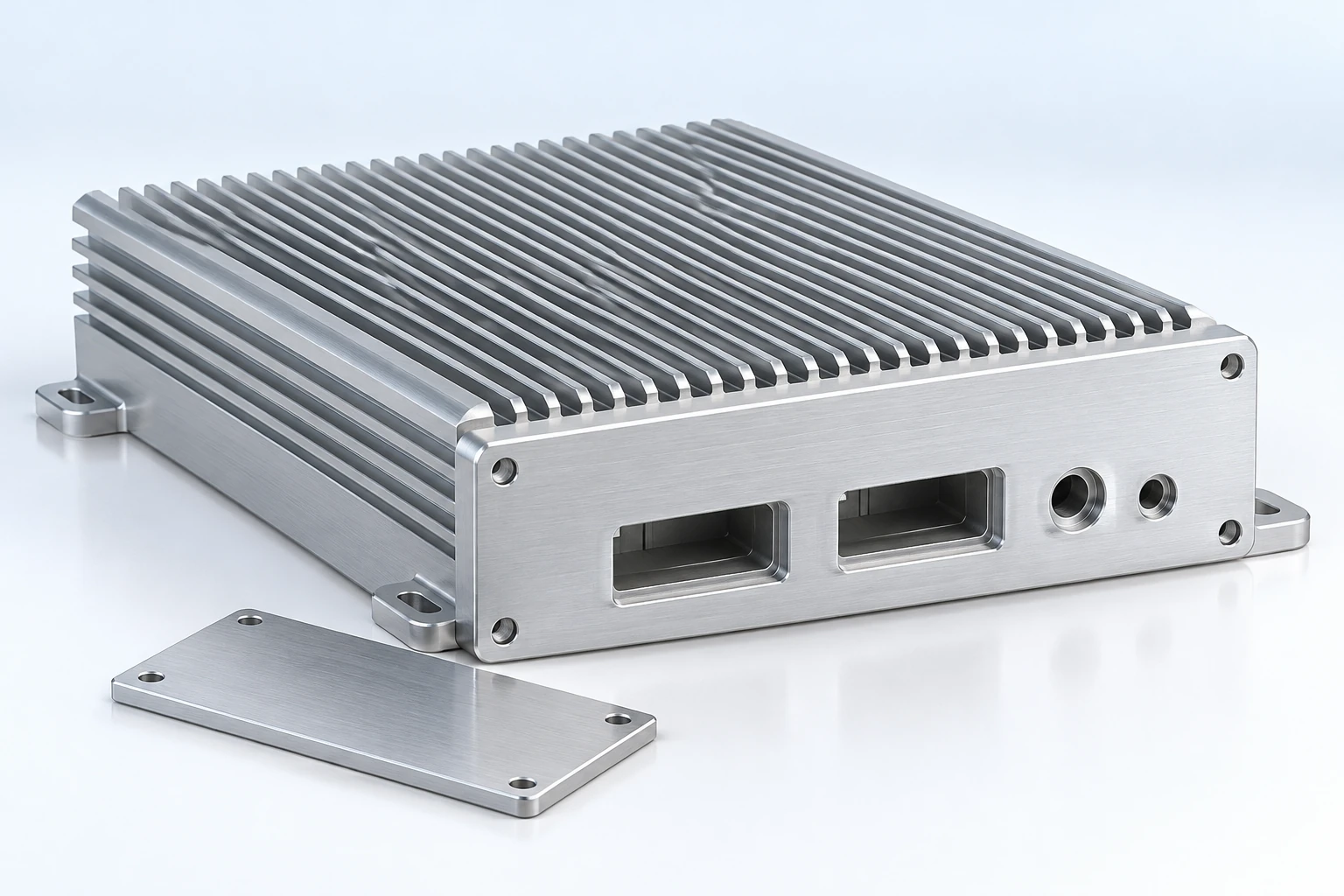 Finned enclosure with connector openings