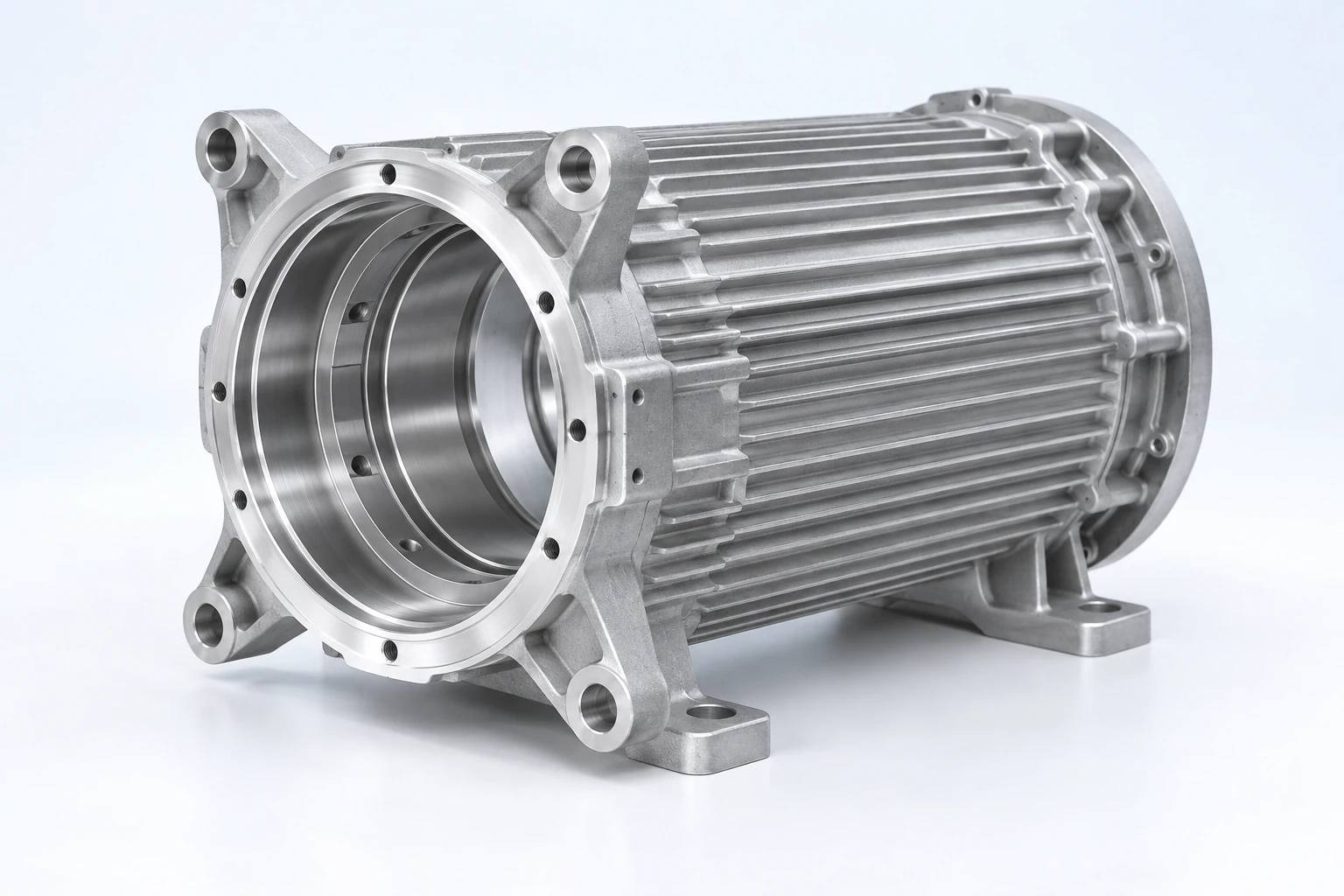 Ribbed cylindrical motor-housing form with mounting feet