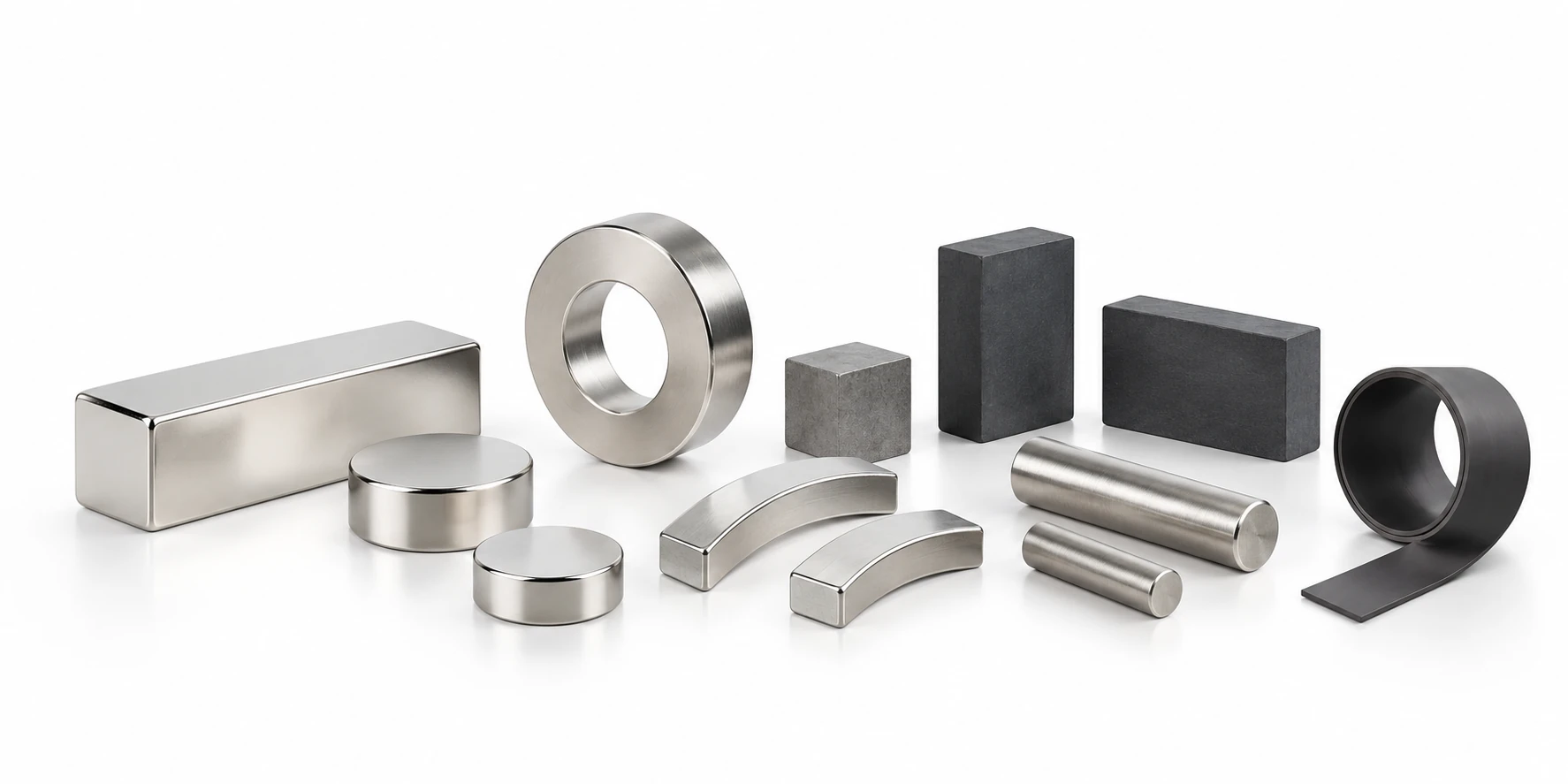 Permanent magnet blocks, discs, rings, arcs and flexible strip