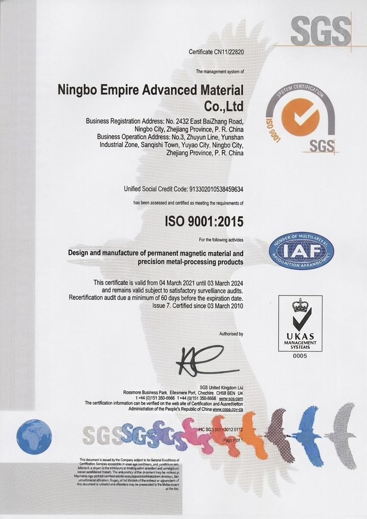 ISO 9001:2015 quality management system certificate issued by SGS