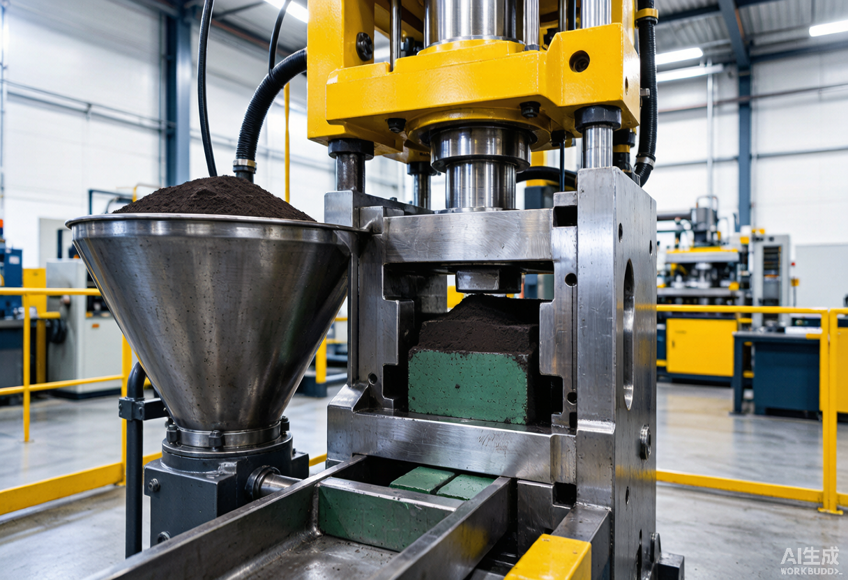 Powder compaction pressing in our magnet factory