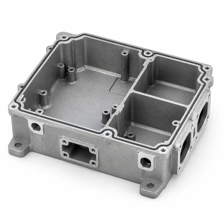 Die-cast aluminum high-voltage battery junction box housing on white background