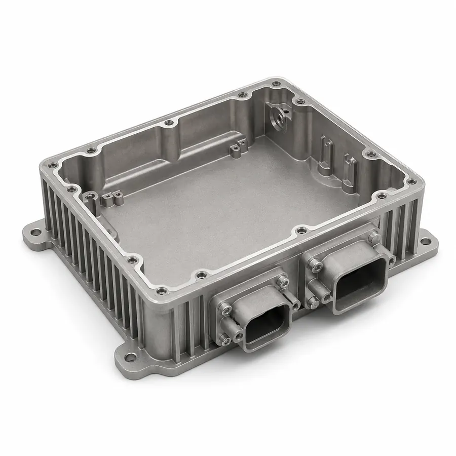 Die-cast aluminum battery management controller housing on white background