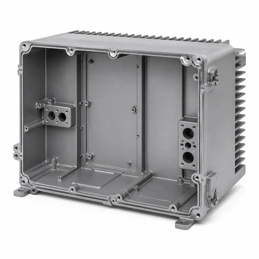 Finned die-cast aluminum energy-storage inverter housing on white background