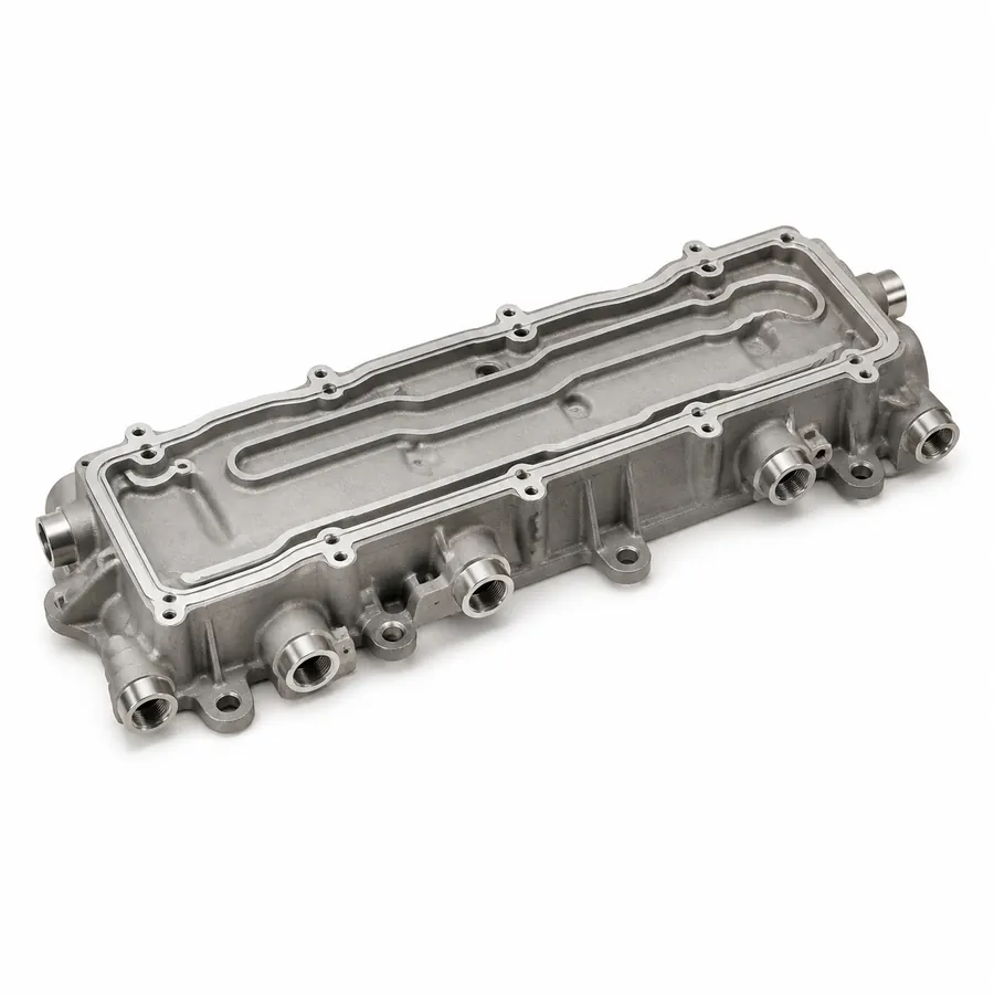 Die-cast aluminum liquid-cooling manifold housing on white background