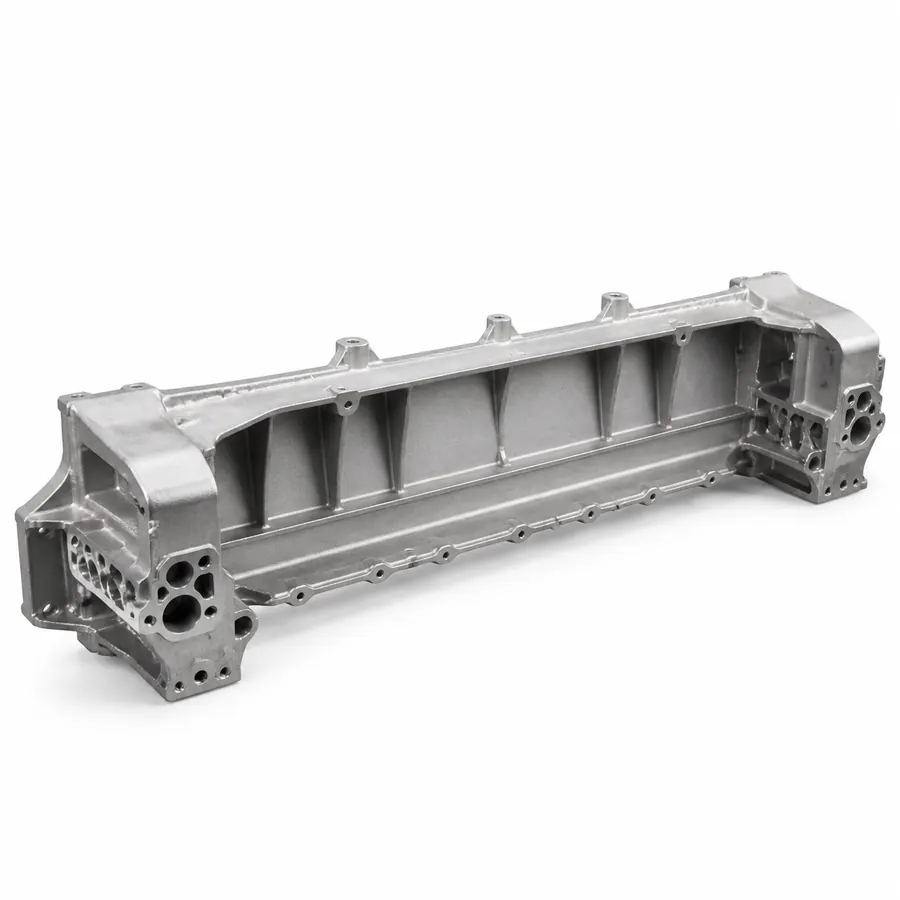 Large die-cast aluminum battery tray crossmember on white background