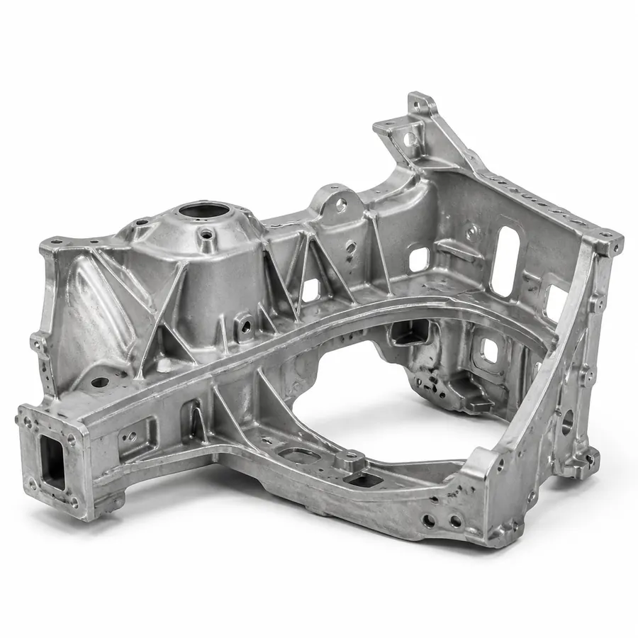 Large aluminum die-cast automotive front shock tower on white background
