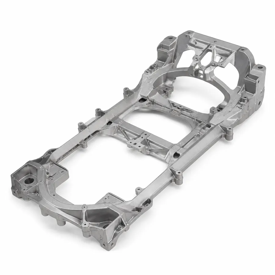Large die-cast aluminum seat and floor frame structure on white background