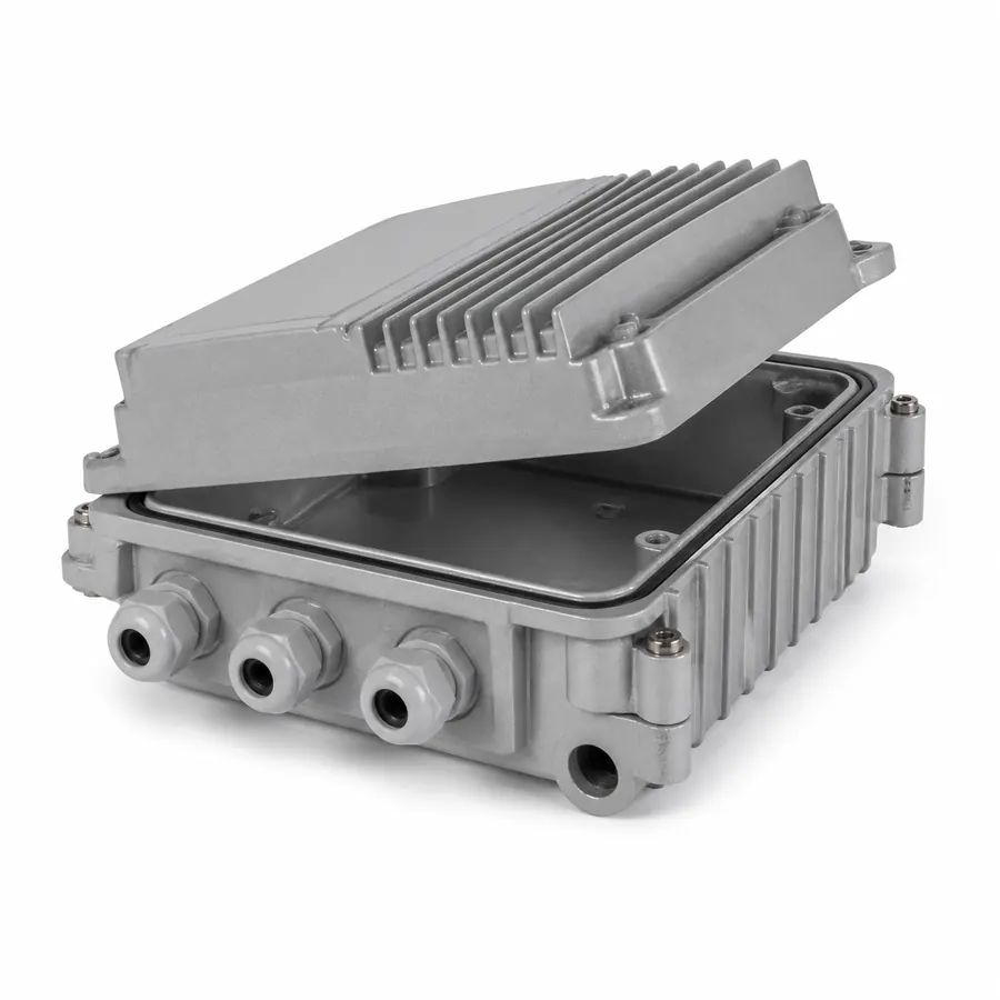 Sealed die-cast aluminum outdoor telecom enclosure on white background