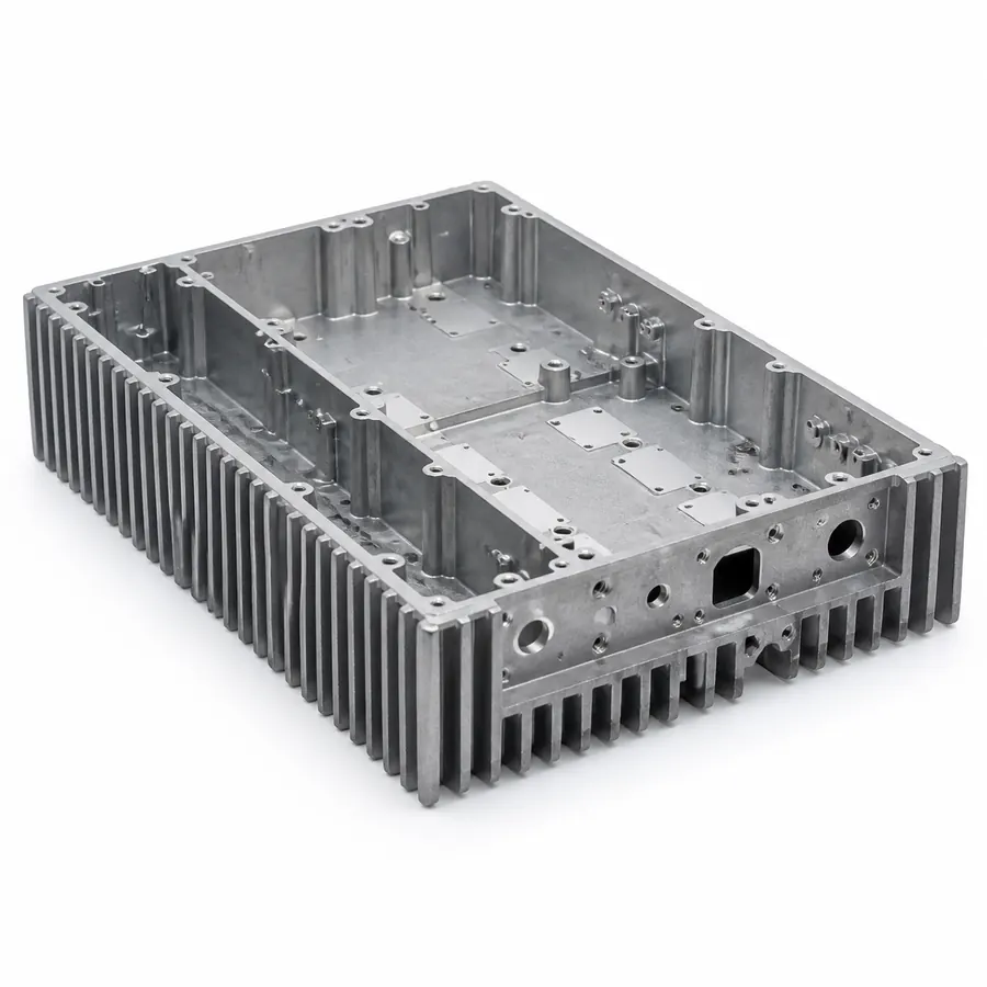 Die-cast aluminum RF power amplifier heat-sink chassis on white background