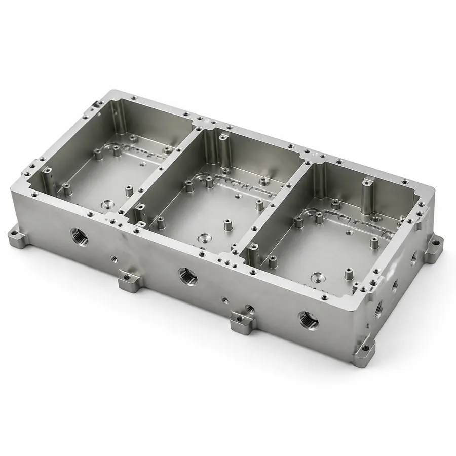 Machined die-cast aluminum RF filter cavity on white background