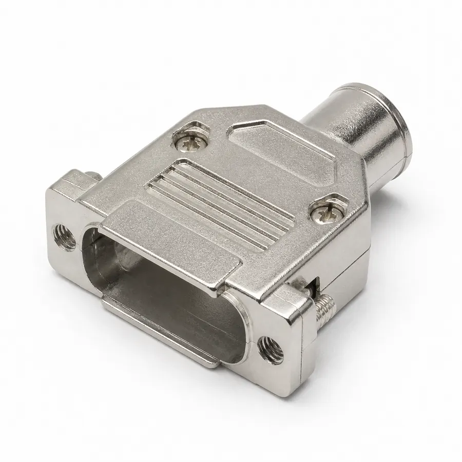 Nickel-plated zinc die-cast electrical connector shell on white background