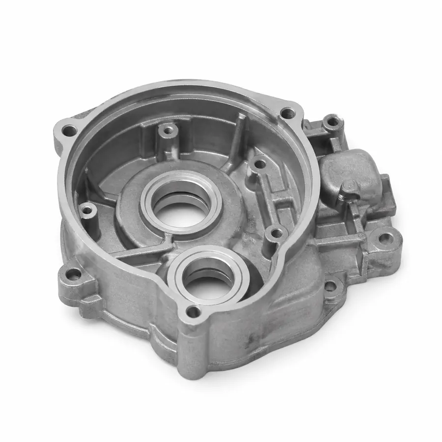 Precision zinc die-cast compact gearmotor housing on white background