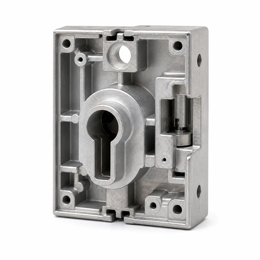 Precision zinc die-cast industrial lock body on white background