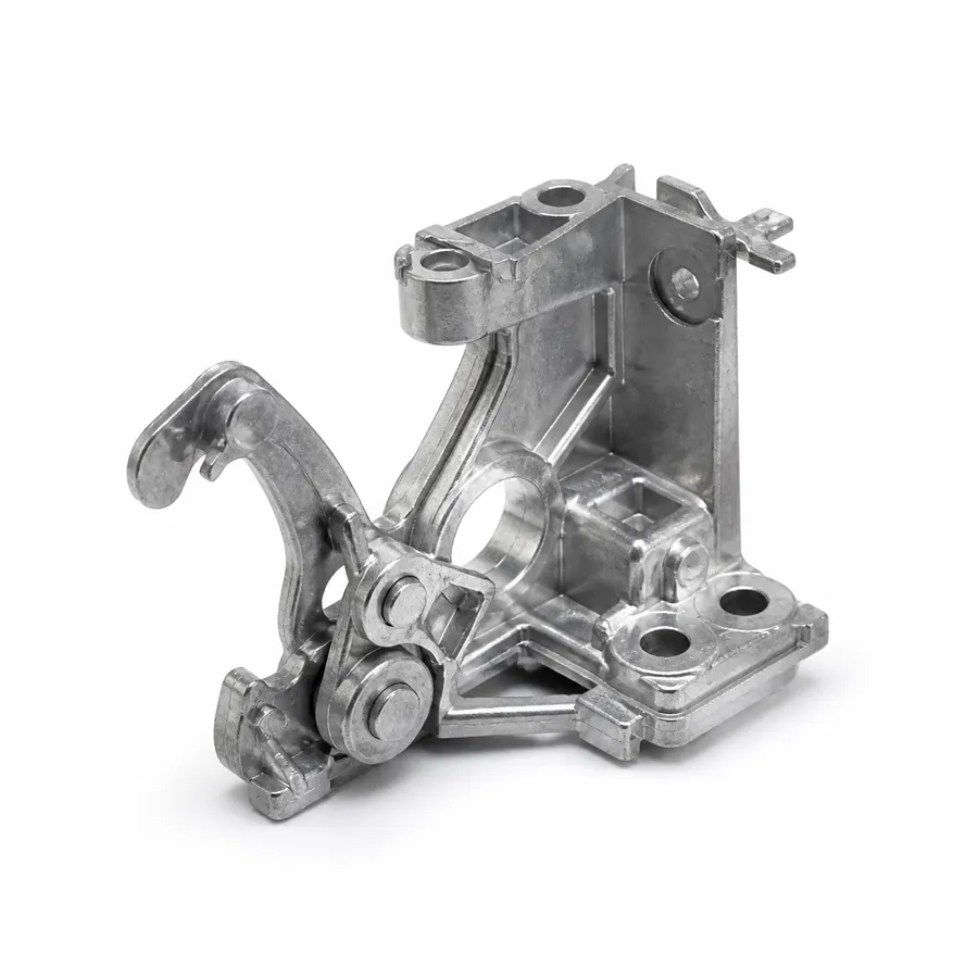 Precision zinc die-cast appliance mechanism bracket on white background